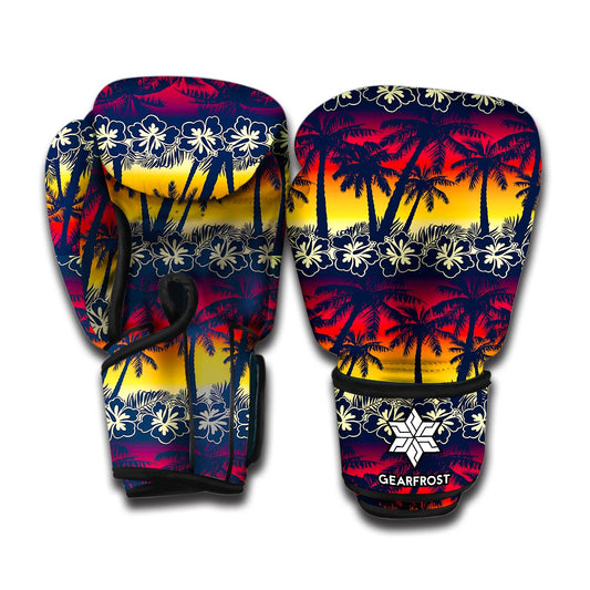 Sunset Hibiscus Palm Tree Pattern Print Boxing Gloves