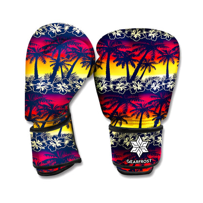 Sunset Hibiscus Palm Tree Pattern Print Boxing Gloves