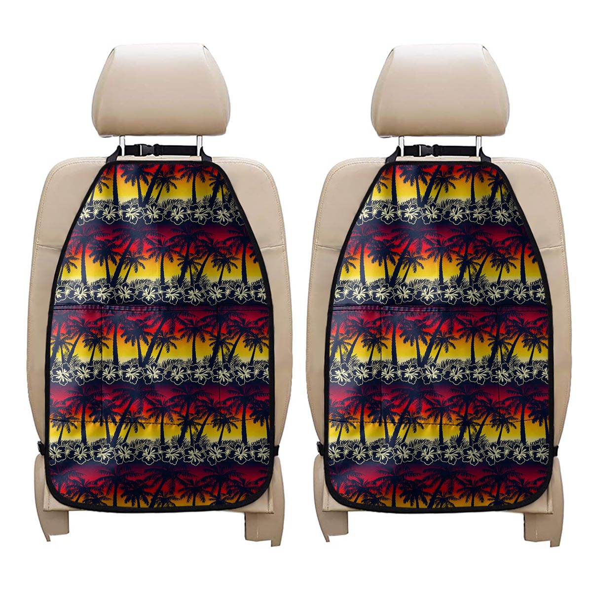 Sunset Hibiscus Palm Tree Pattern Print Car Seat Organizers