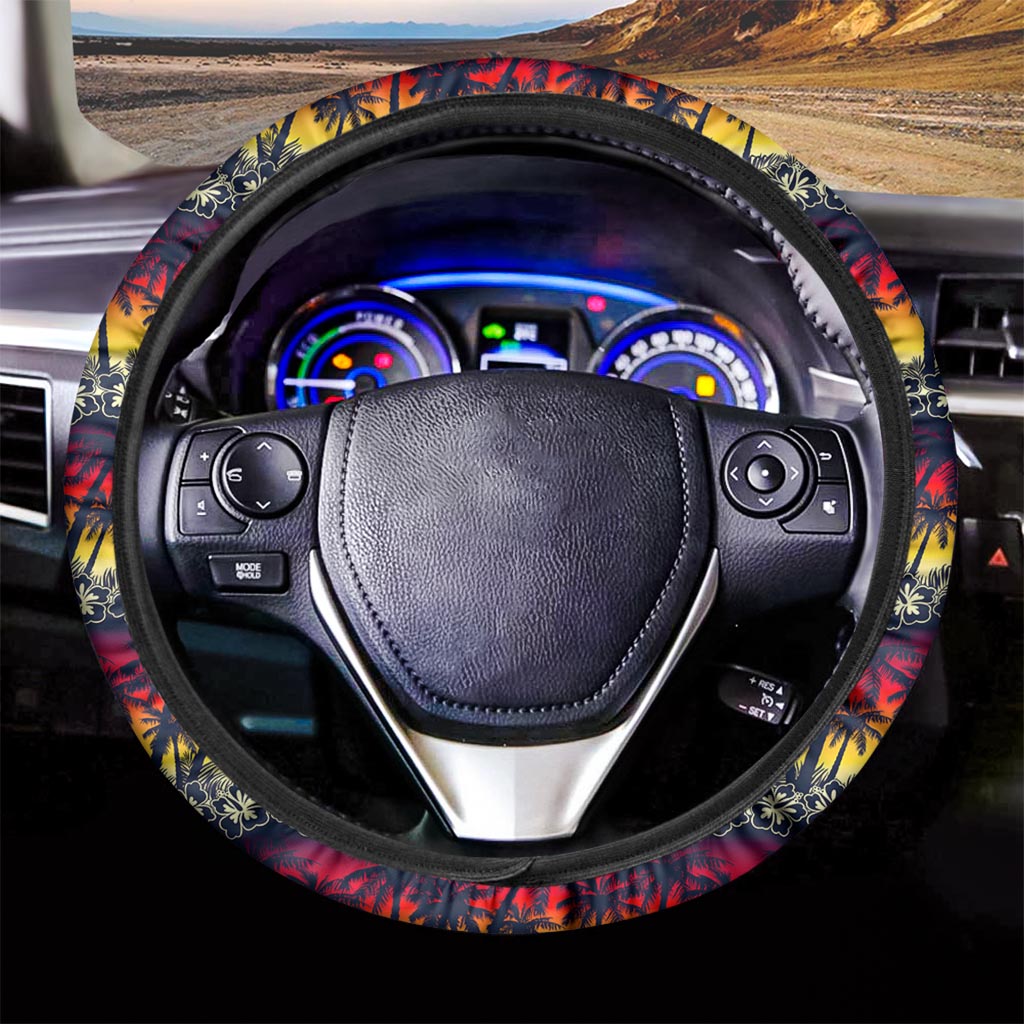 Sunset Hibiscus Palm Tree Pattern Print Car Steering Wheel Cover