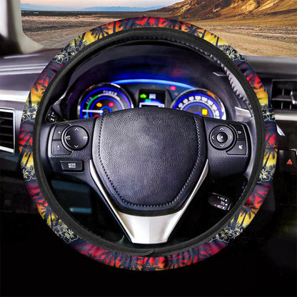 Sunset Hibiscus Palm Tree Pattern Print Car Steering Wheel Cover
