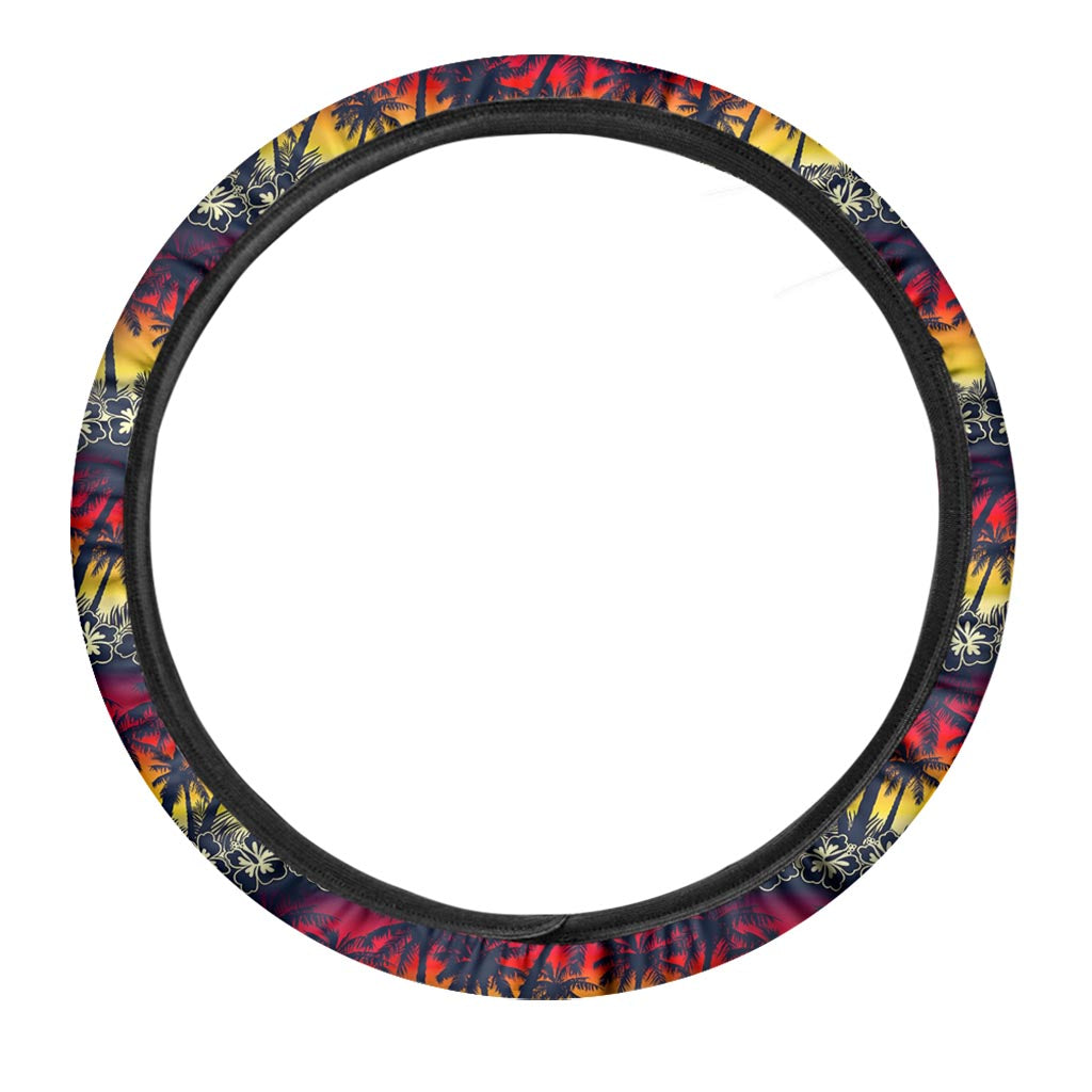 Sunset Hibiscus Palm Tree Pattern Print Car Steering Wheel Cover