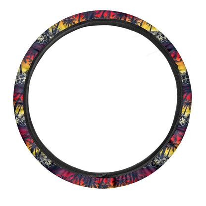 Sunset Hibiscus Palm Tree Pattern Print Car Steering Wheel Cover