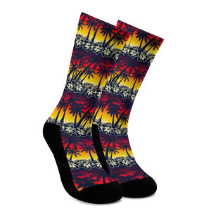 Sunset Hibiscus Palm Tree Pattern Print Crew Socks