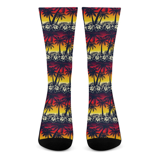 Sunset Hibiscus Palm Tree Pattern Print Crew Socks