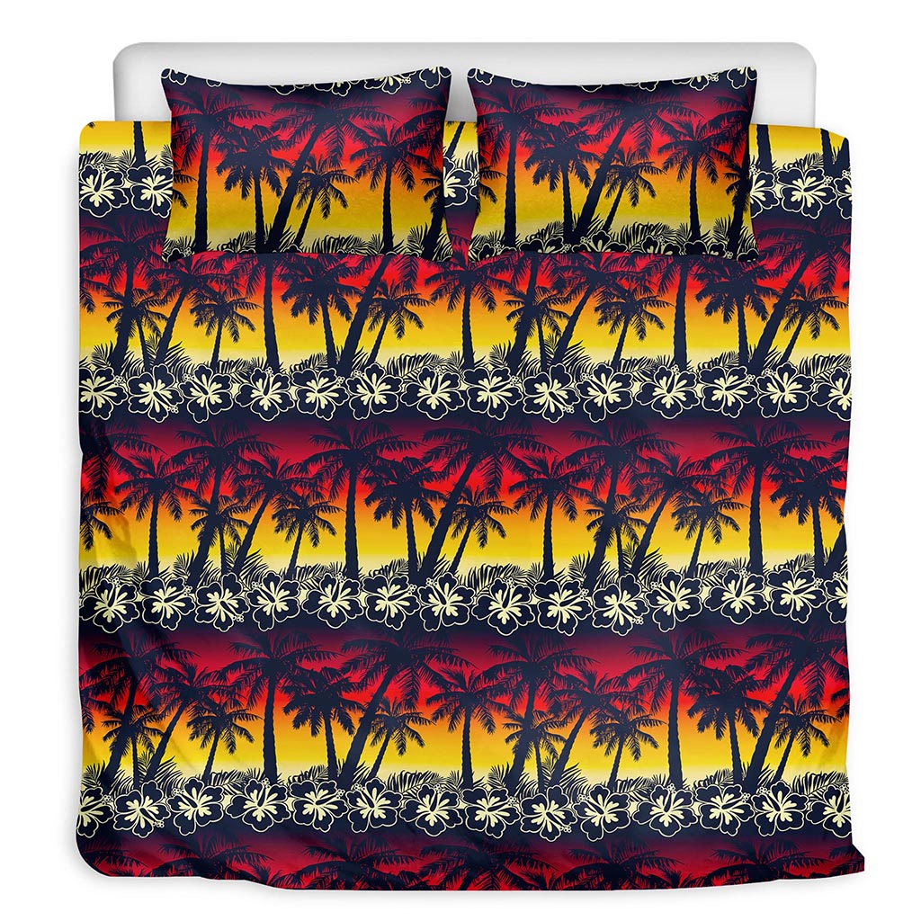 Sunset Hibiscus Palm Tree Pattern Print Duvet Cover Bedding Set