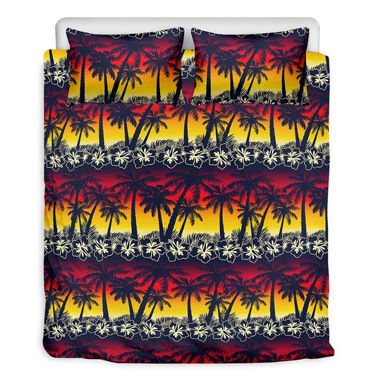 Sunset Hibiscus Palm Tree Pattern Print Duvet Cover Bedding Set