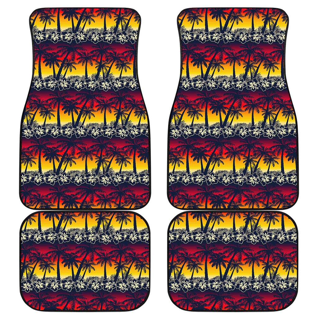 Sunset Hibiscus Palm Tree Pattern Print Front and Back Car Floor Mats