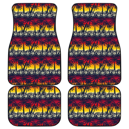 Sunset Hibiscus Palm Tree Pattern Print Front and Back Car Floor Mats