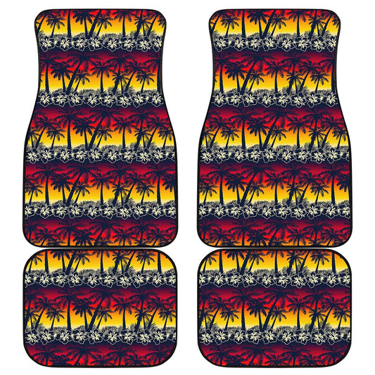 Sunset Hibiscus Palm Tree Pattern Print Front and Back Car Floor Mats