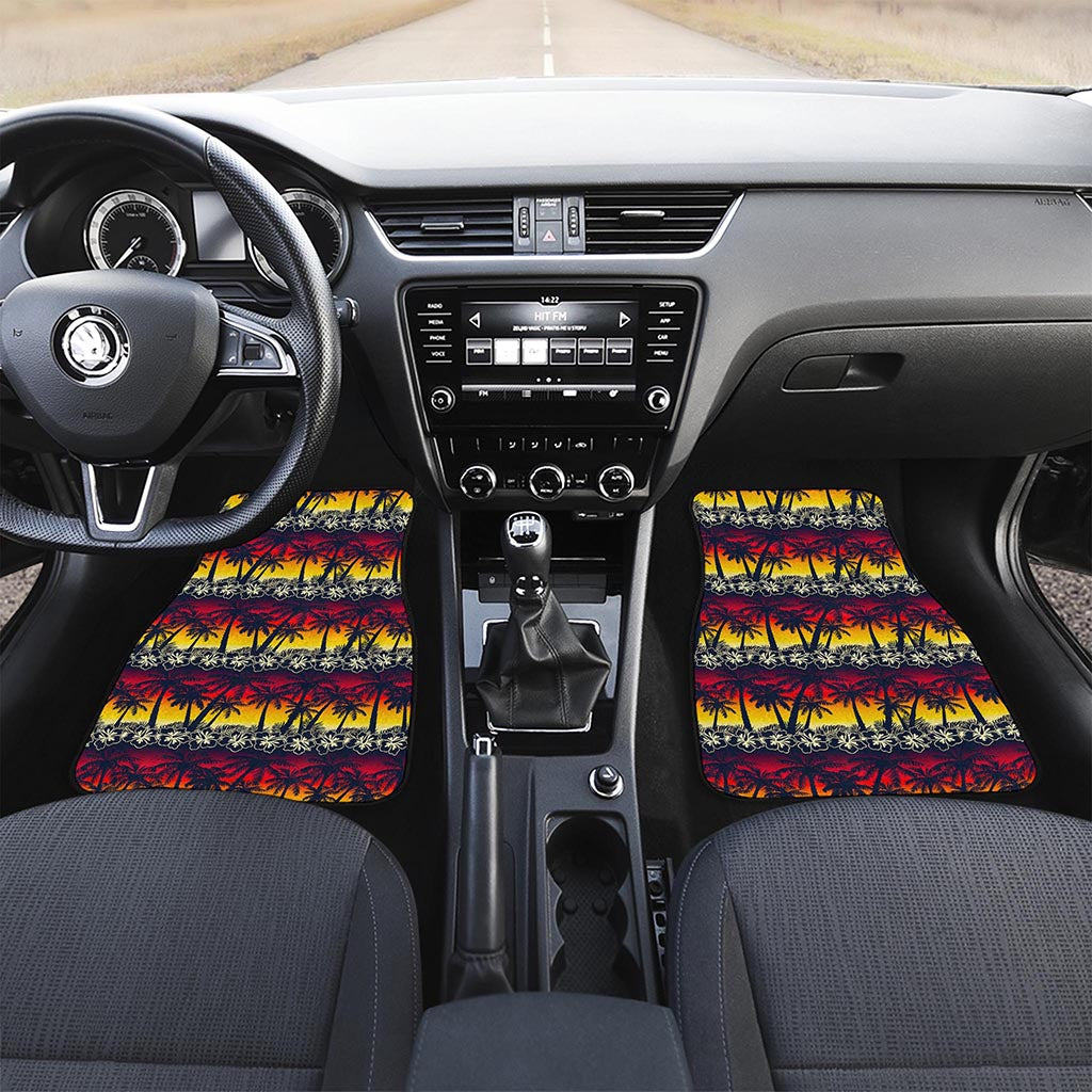 Sunset Hibiscus Palm Tree Pattern Print Front and Back Car Floor Mats