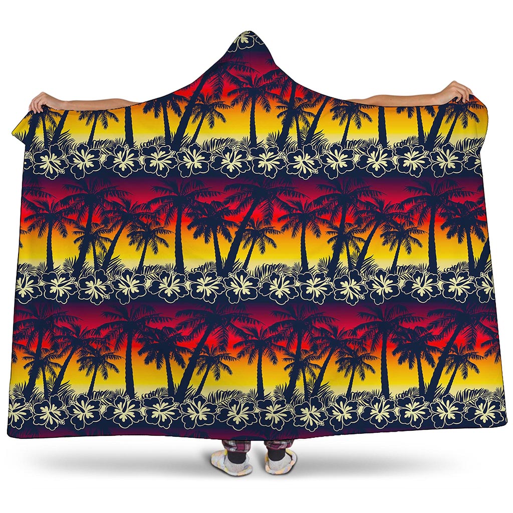 Sunset Hibiscus Palm Tree Pattern Print Hooded Blanket