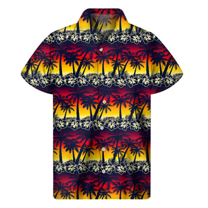 Sunset Hibiscus Palm Tree Pattern Print Men's Short Sleeve Shirt