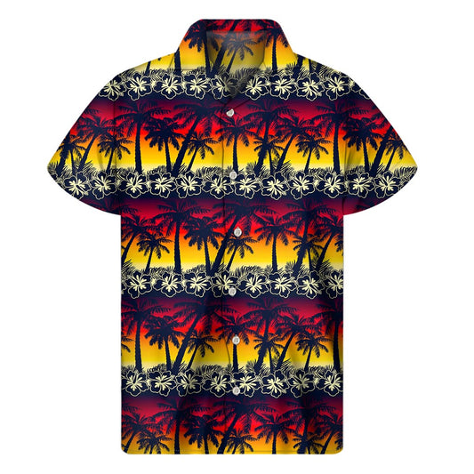 Sunset Hibiscus Palm Tree Pattern Print Men's Short Sleeve Shirt