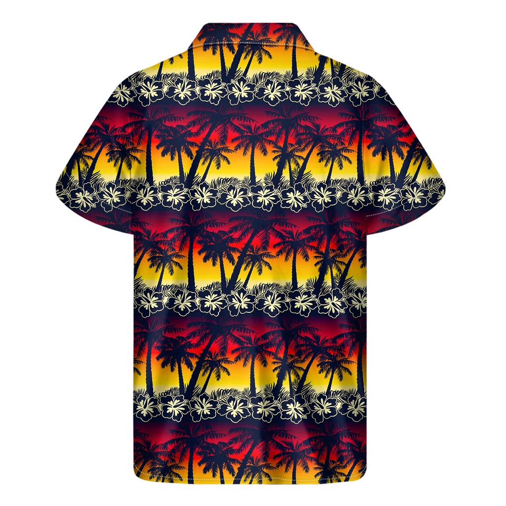 Sunset Hibiscus Palm Tree Pattern Print Men's Short Sleeve Shirt