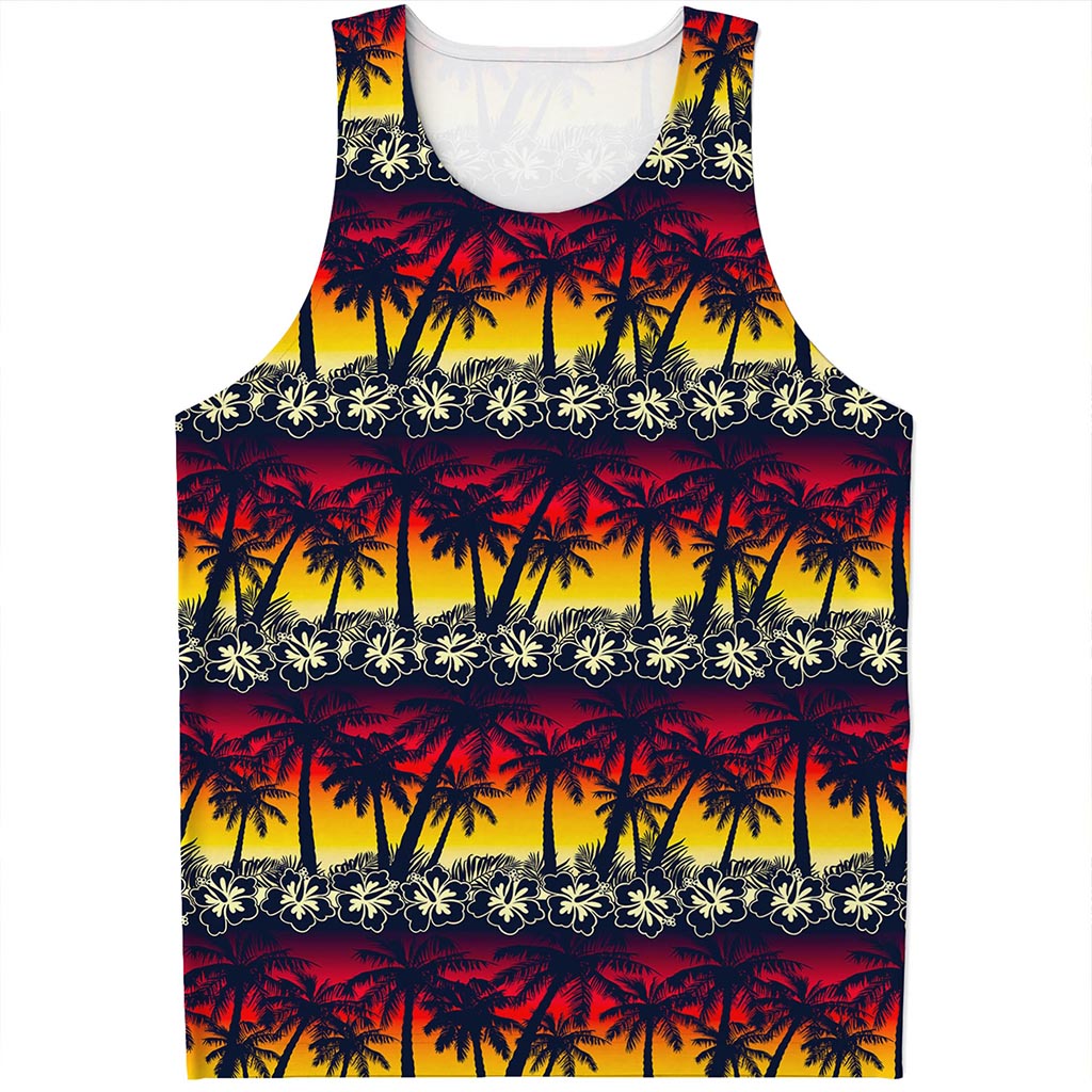 Sunset Hibiscus Palm Tree Pattern Print Men's Tank Top