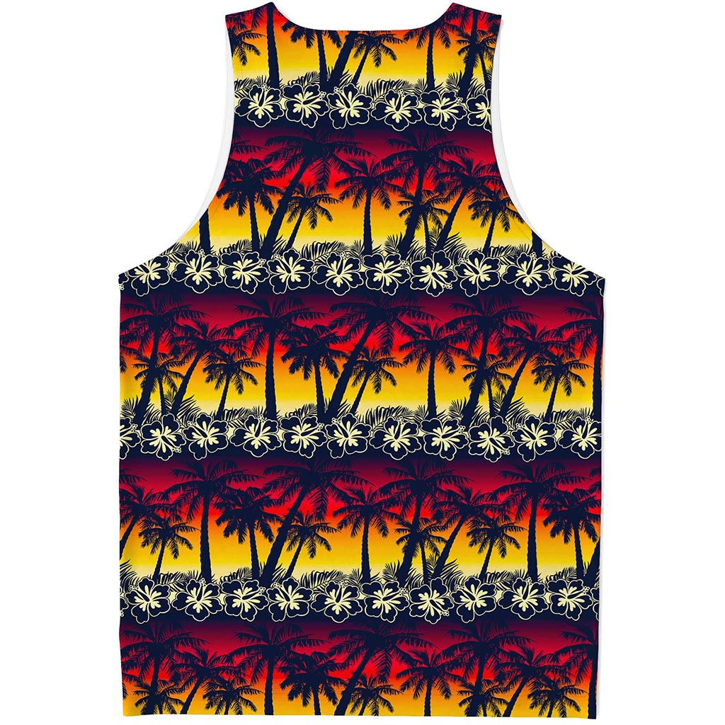 Sunset Hibiscus Palm Tree Pattern Print Men's Tank Top
