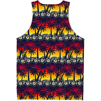 Sunset Hibiscus Palm Tree Pattern Print Men's Tank Top