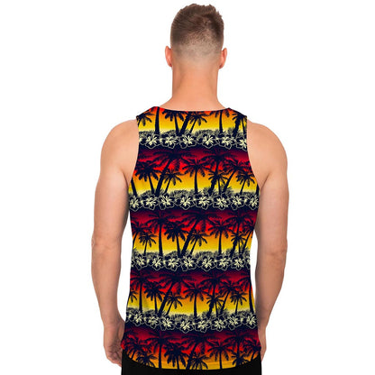 Sunset Hibiscus Palm Tree Pattern Print Men's Tank Top