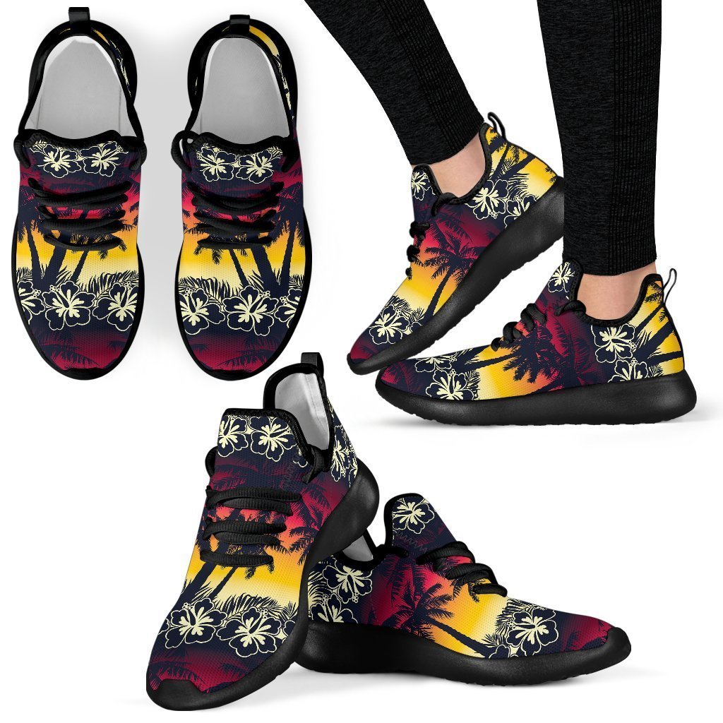 Sunset Hibiscus Palm Tree Pattern Print Mesh Knit Shoes GearFrost