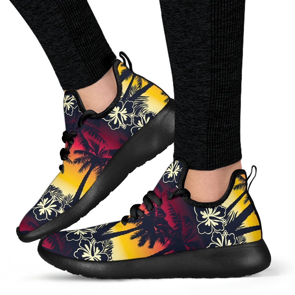 Sunset Hibiscus Palm Tree Pattern Print Mesh Knit Shoes GearFrost