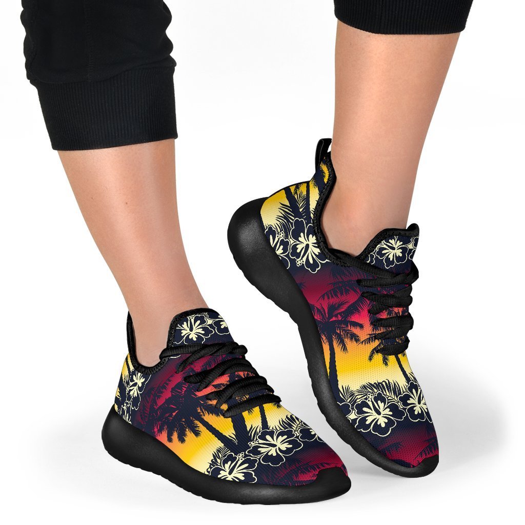 Sunset Hibiscus Palm Tree Pattern Print Mesh Knit Shoes GearFrost