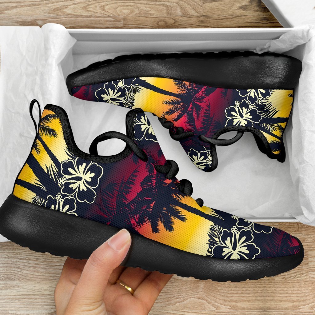 Sunset Hibiscus Palm Tree Pattern Print Mesh Knit Shoes GearFrost