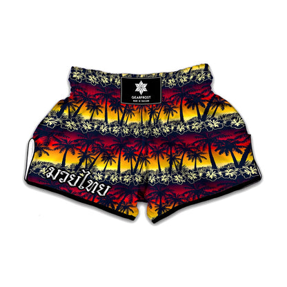 Sunset Hibiscus Palm Tree Pattern Print Muay Thai Boxing Shorts