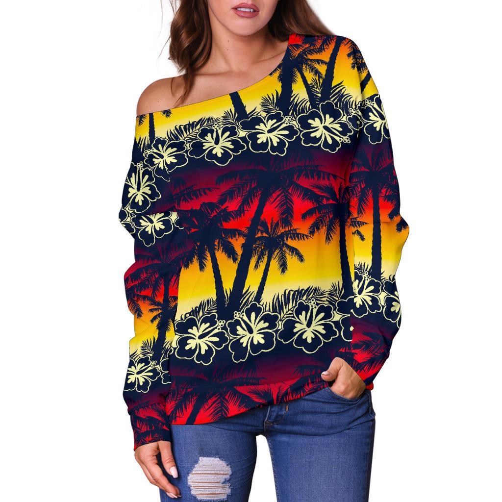 Sunset Hibiscus Palm Tree Pattern Print Off Shoulder Sweatshirt GearFrost