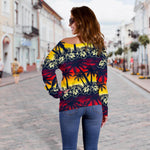 Sunset Hibiscus Palm Tree Pattern Print Off Shoulder Sweatshirt GearFrost