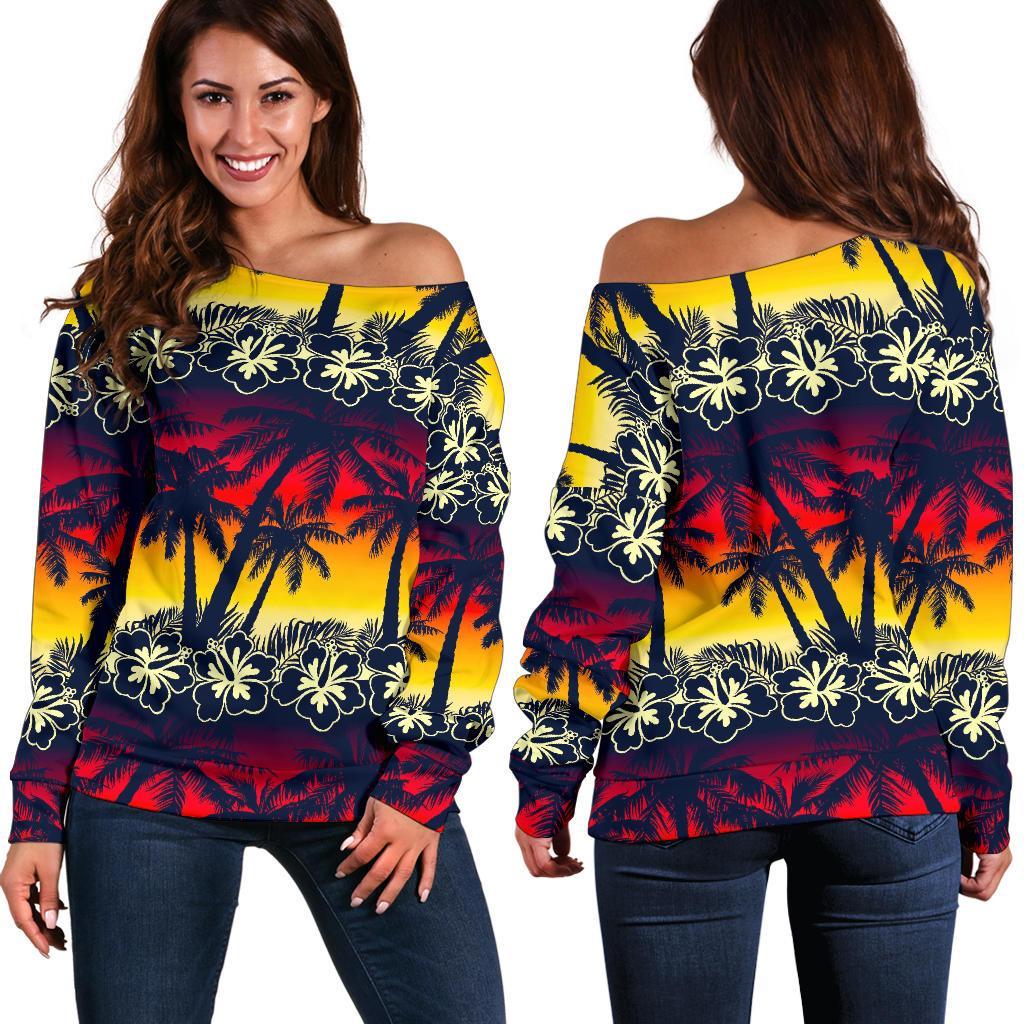 Sunset Hibiscus Palm Tree Pattern Print Off Shoulder Sweatshirt GearFrost