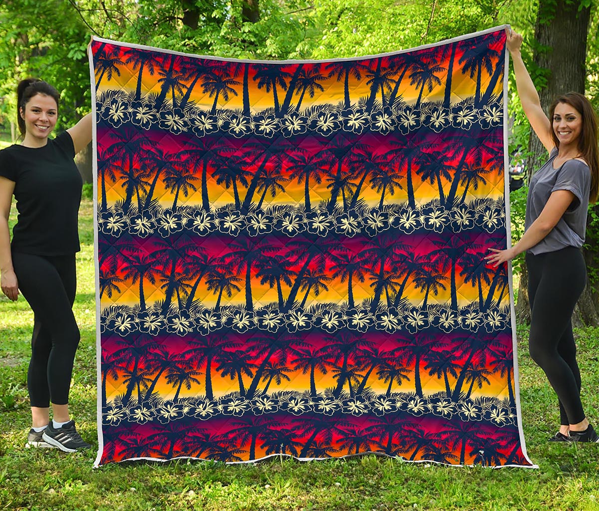 Sunset Hibiscus Palm Tree Pattern Print Quilt