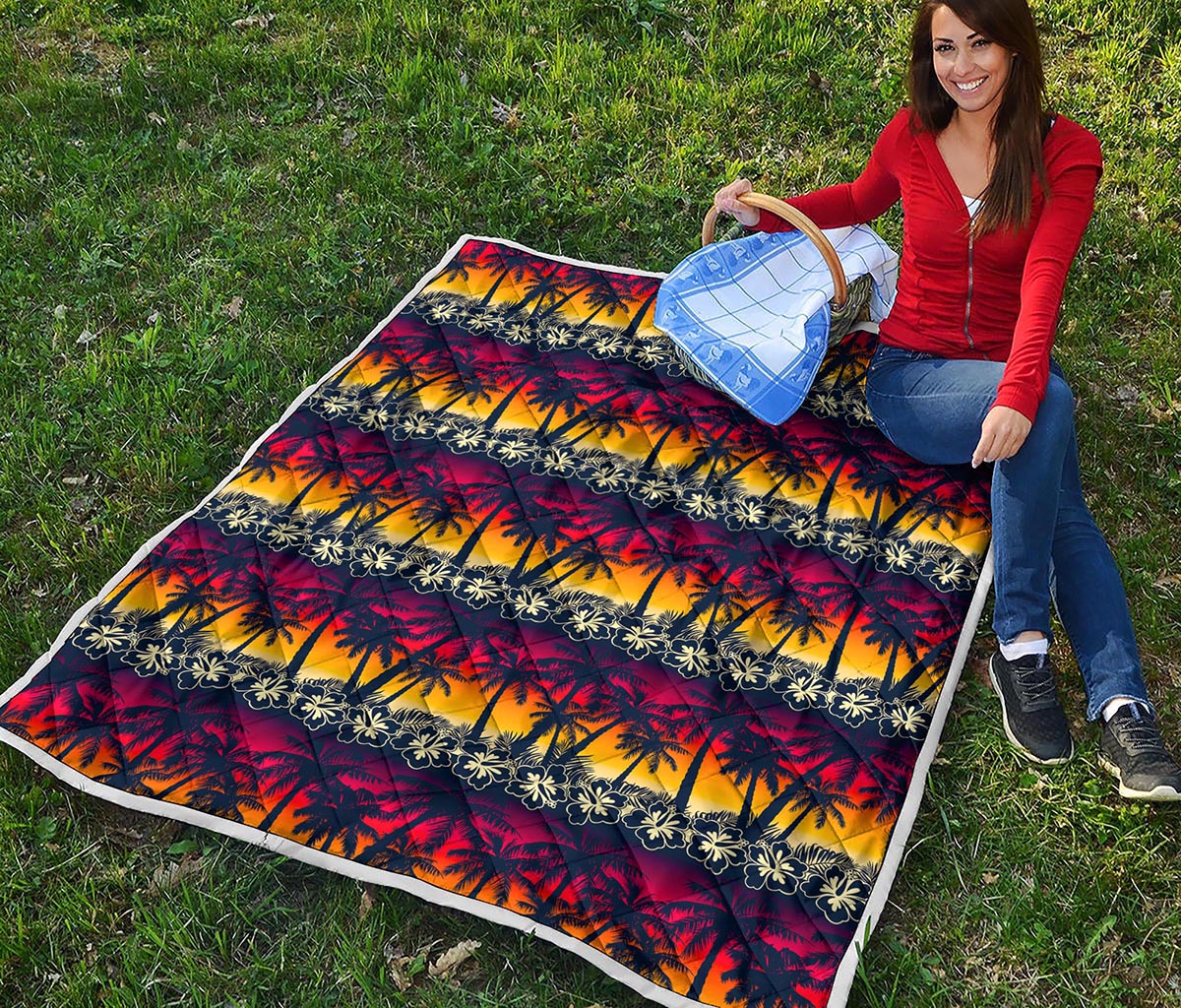 Sunset Hibiscus Palm Tree Pattern Print Quilt
