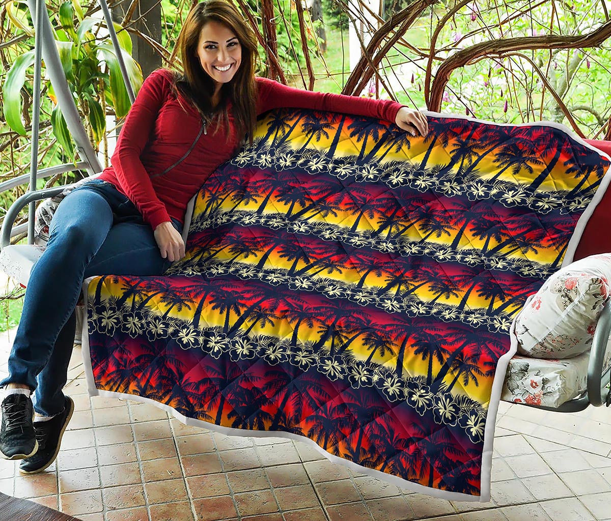 Sunset Hibiscus Palm Tree Pattern Print Quilt