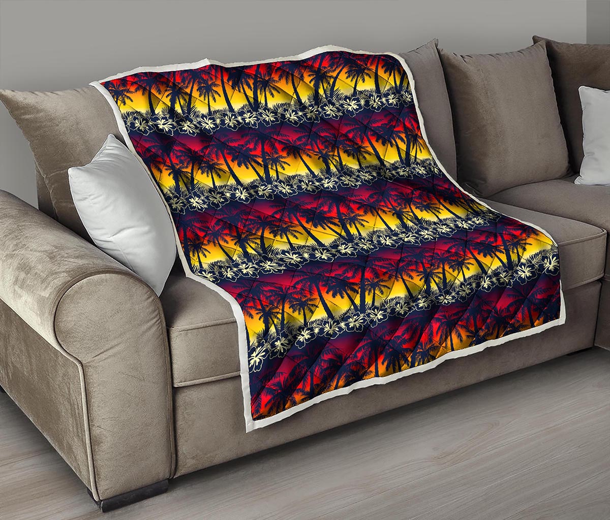 Sunset Hibiscus Palm Tree Pattern Print Quilt