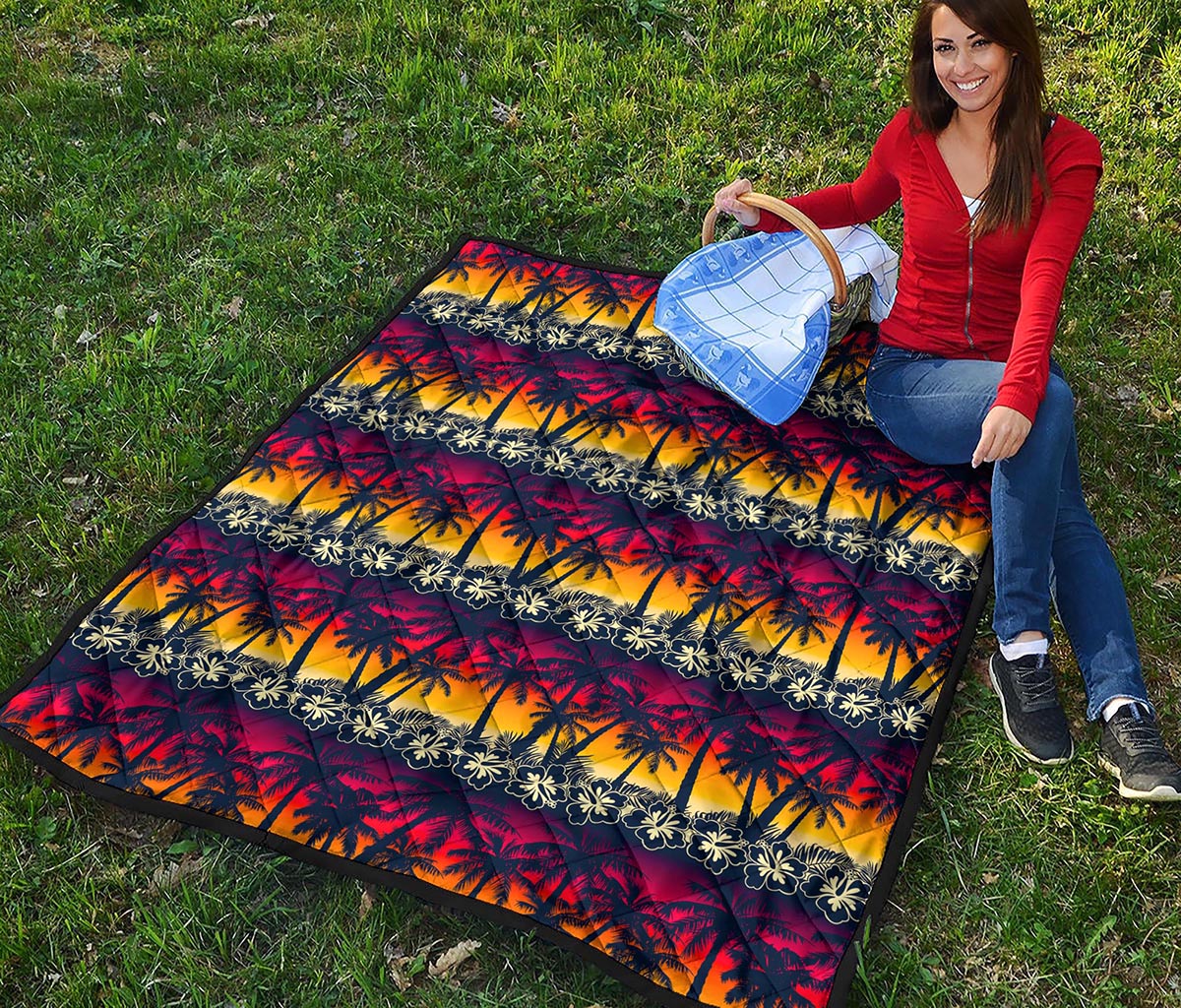 Sunset Hibiscus Palm Tree Pattern Print Quilt