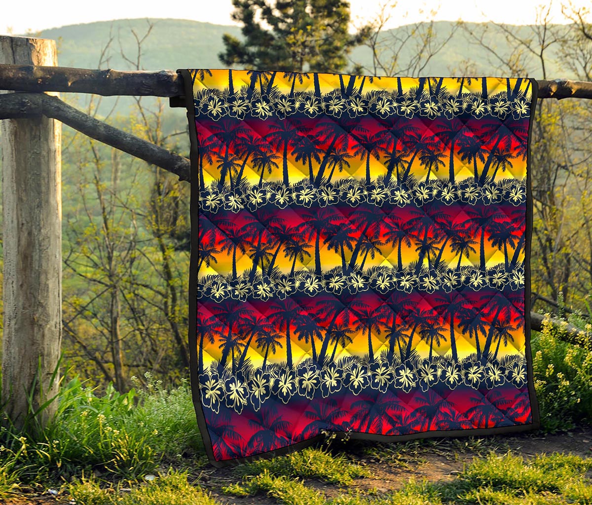 Sunset Hibiscus Palm Tree Pattern Print Quilt