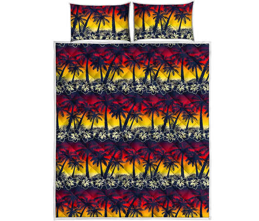 Sunset Hibiscus Palm Tree Pattern Print Quilt Bed Set