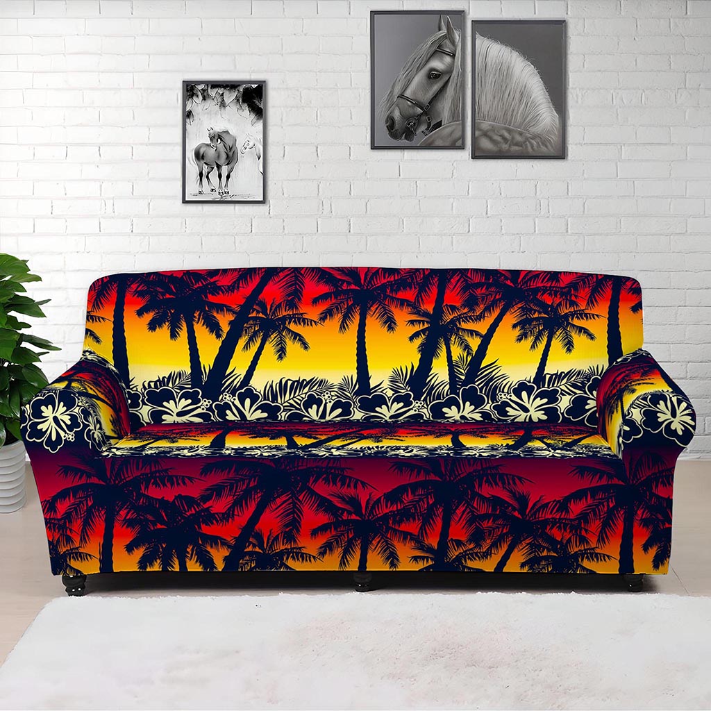 Sunset Hibiscus Palm Tree Pattern Print Sofa Cover
