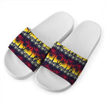Sunset Hibiscus Palm Tree Pattern Print White Slide Sandals