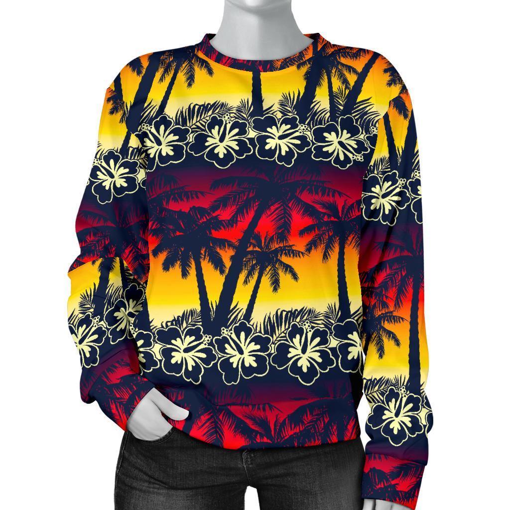 Sunset Hibiscus Palm Tree Pattern Print Women's Crewneck Sweatshirt GearFrost