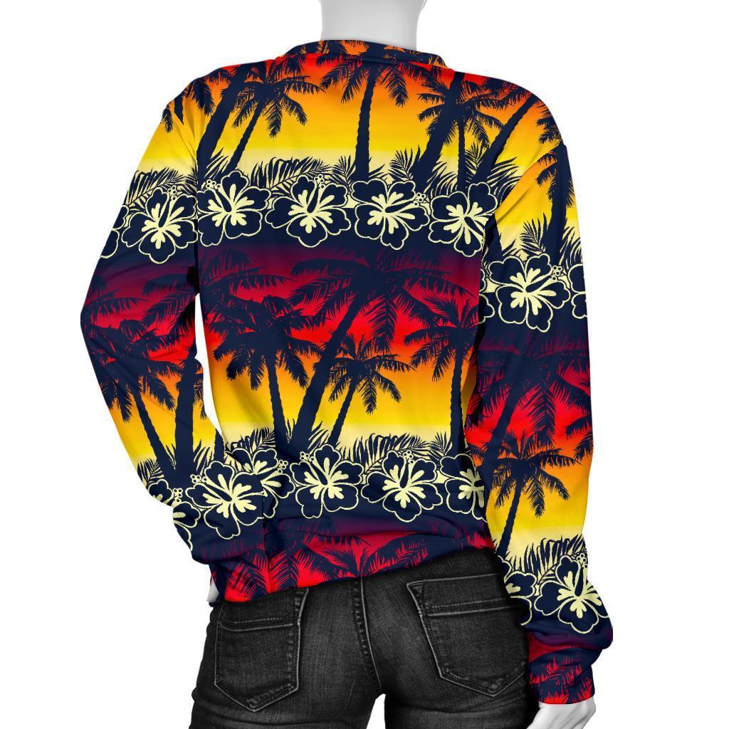 Sunset Hibiscus Palm Tree Pattern Print Women's Crewneck Sweatshirt GearFrost
