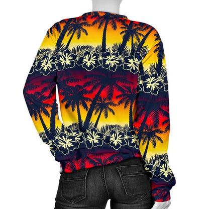 Sunset Hibiscus Palm Tree Pattern Print Women's Crewneck Sweatshirt GearFrost