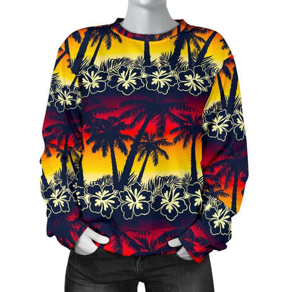 Sunset Hibiscus Palm Tree Pattern Print Women's Crewneck Sweatshirt GearFrost