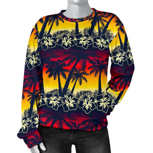 Sunset Hibiscus Palm Tree Pattern Print Women's Crewneck Sweatshirt GearFrost