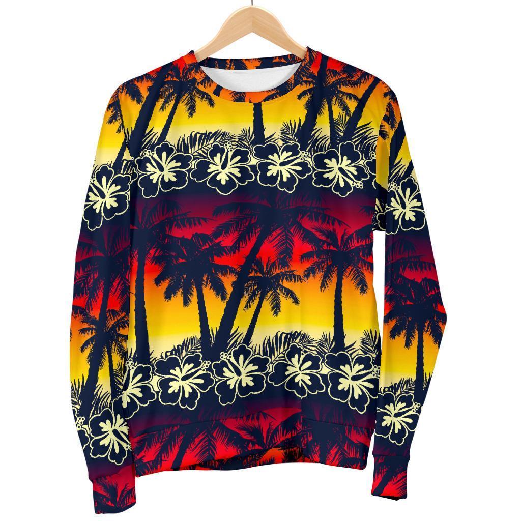 Sunset Hibiscus Palm Tree Pattern Print Women's Crewneck Sweatshirt GearFrost