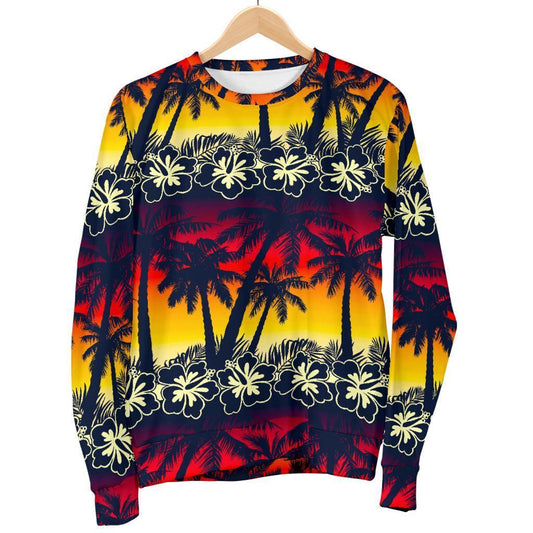 Sunset Hibiscus Palm Tree Pattern Print Women's Crewneck Sweatshirt GearFrost