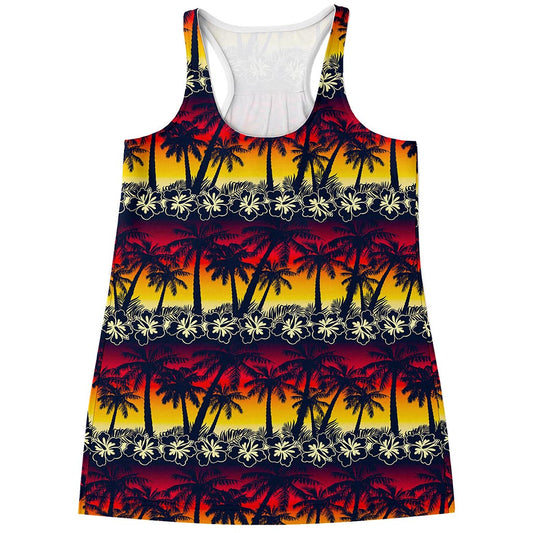 Sunset Hibiscus Palm Tree Pattern Print Women's Racerback Tank Top