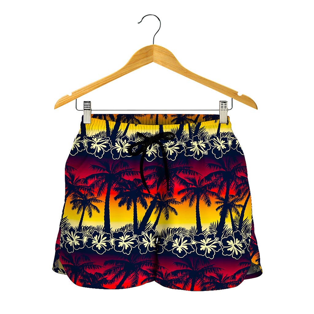 Sunset Hibiscus Palm Tree Pattern Print Women's Shorts