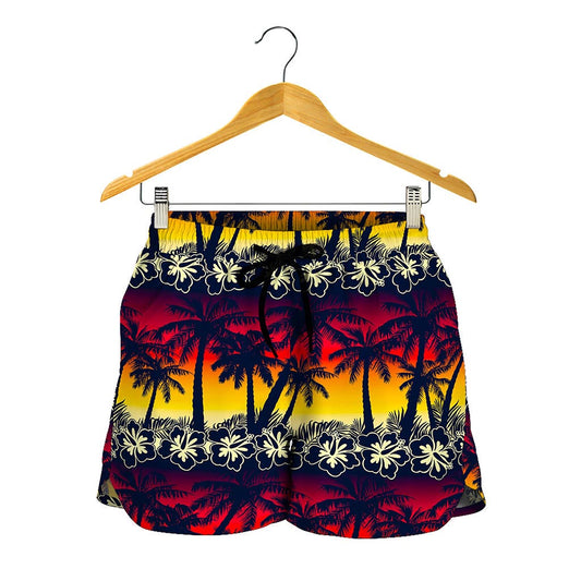 Sunset Hibiscus Palm Tree Pattern Print Women's Shorts